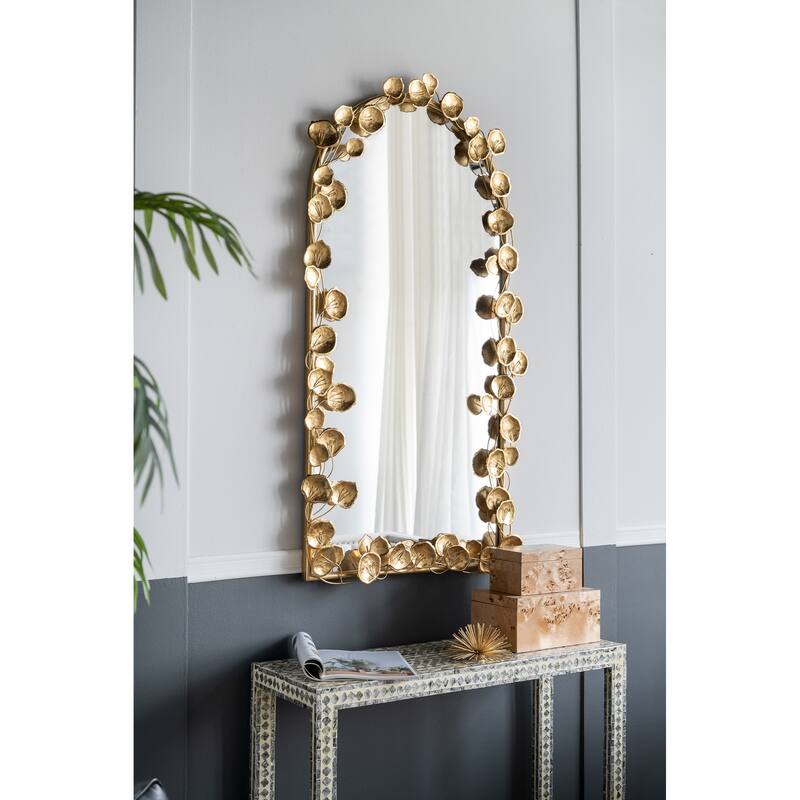 Full Length Arched Wall Decorative Mirror with Golden Leaf Accents - Gold - Gold