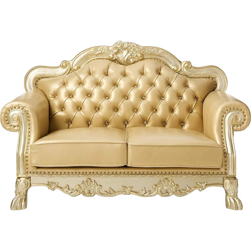 HomeRoots 64" Bone And Gold Faux Leather Loveseat and Toss Pillows - 64.00 in. x 43.00 in. x 38.00 in.