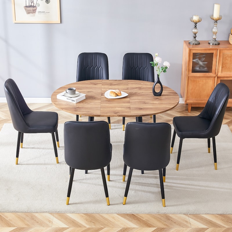 7-Piece Modern Extendable Dining Table Set Wooden Kitchen Table with 6 Upholstered Chairs, Space-Saving Dining Table & Chair Set