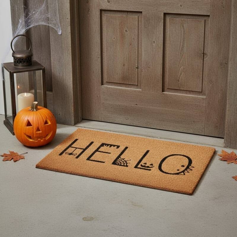 HomeRoots 17" X 29" Natural And Black Halloween Hello Outdoor Coir Door Mat - 17.00' X '29.00 - 17.00' X '29.00