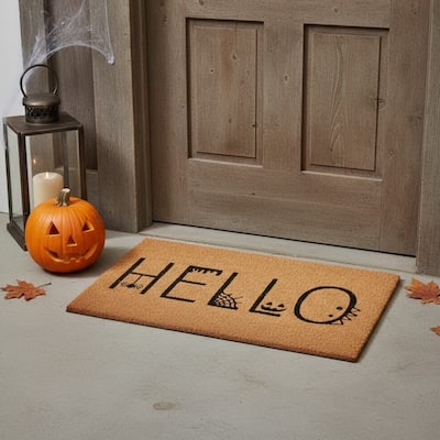 HomeRoots 17" X 29" Natural And Black Halloween Hello Outdoor Coir Door Mat - 17.00' X '29.00