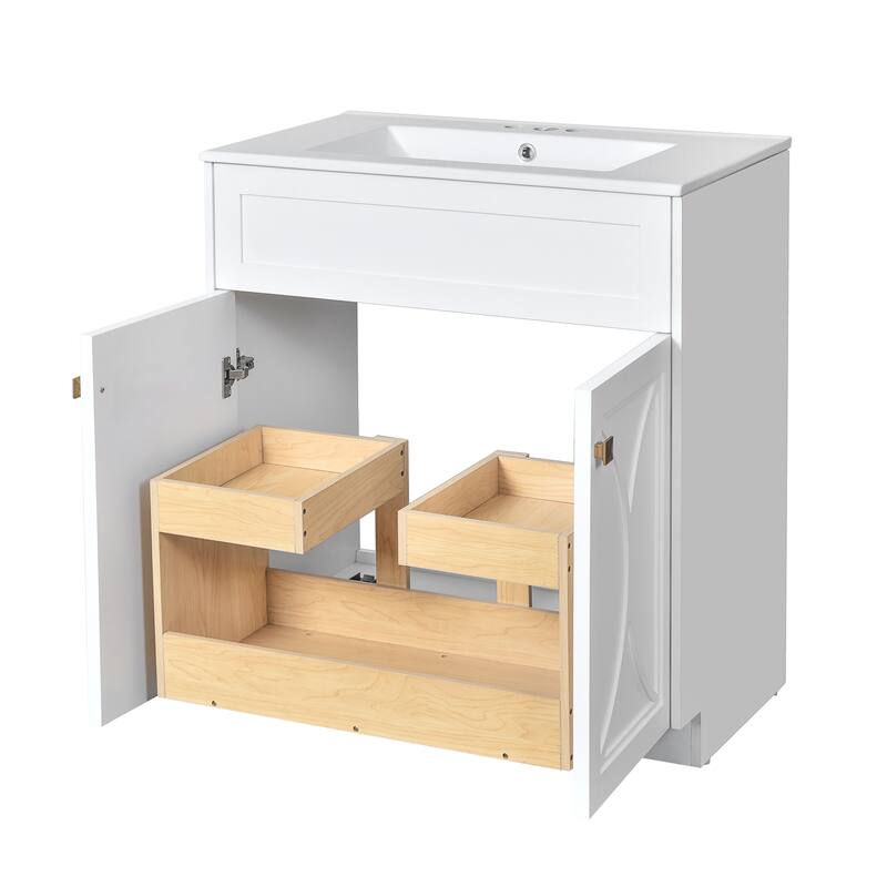 60"Bathroom Vanity with Ceramic Sink Combo, Modern Freestanding Storage Cabinet with Gold Handles, Soft Closing Doors