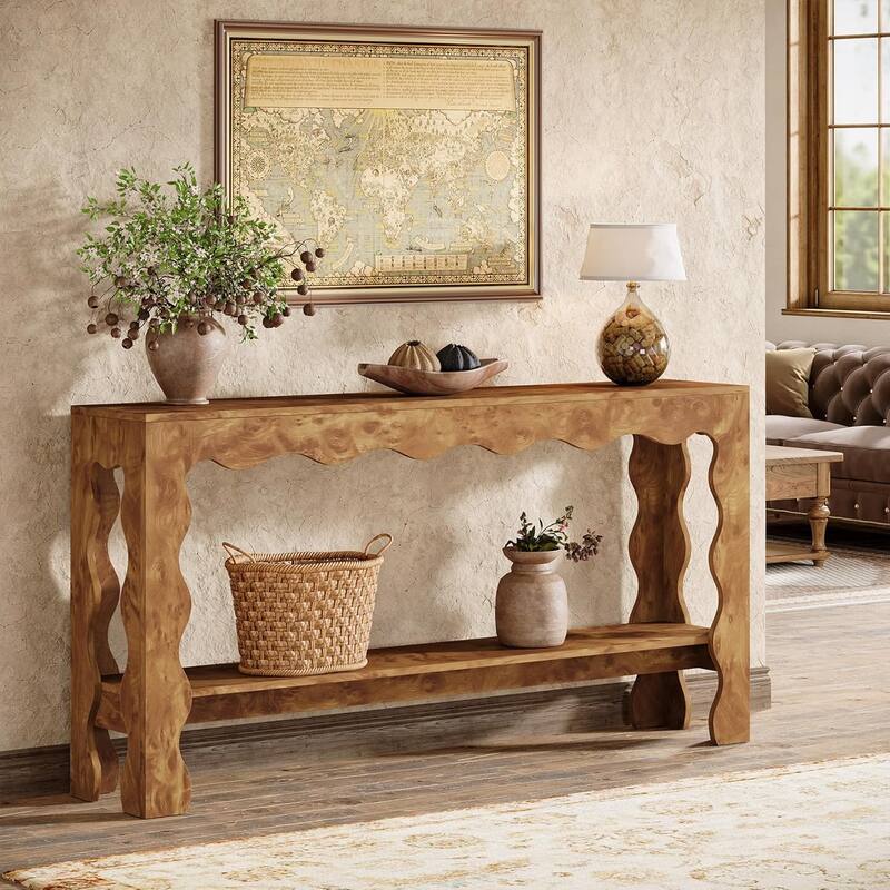 63 Inches Long Farmhouse Console Table with 2-tier Shelf, Brown