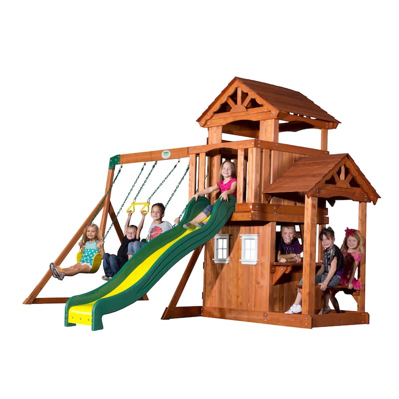 Backyard Discovery Tanglewood Cedar Wood Swing Set, Slide, Clubhouse - Brown