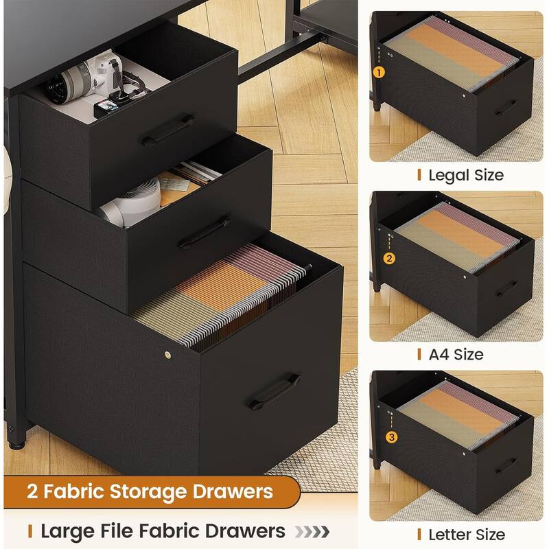 L Shaped Computer Desk 58'' Office Desk with 3 Drawers and Bookshelf