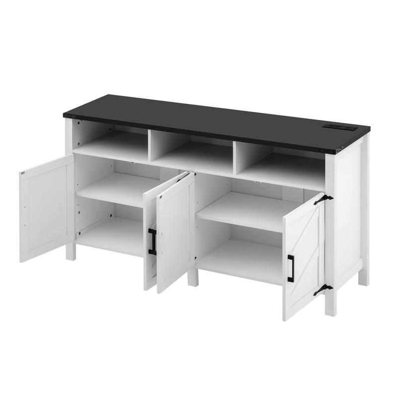 Modern 4-Door Sideboard Buffet with Power Outlets Adjustable Shelves and Half-Open Storage Design
