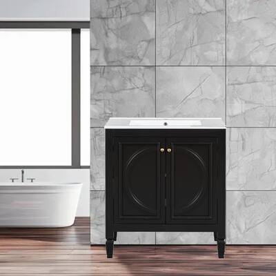 30" Retro-Inspired Bathroom Vanity with Ceramic Sink, 2 Doors, Drawer & Soft-Close Hinges