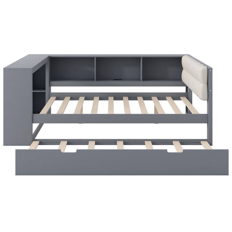 Wood Full/Twin Platform Bed with Storage Shelves, Trundle, Charging Station & Upholstered Headboard