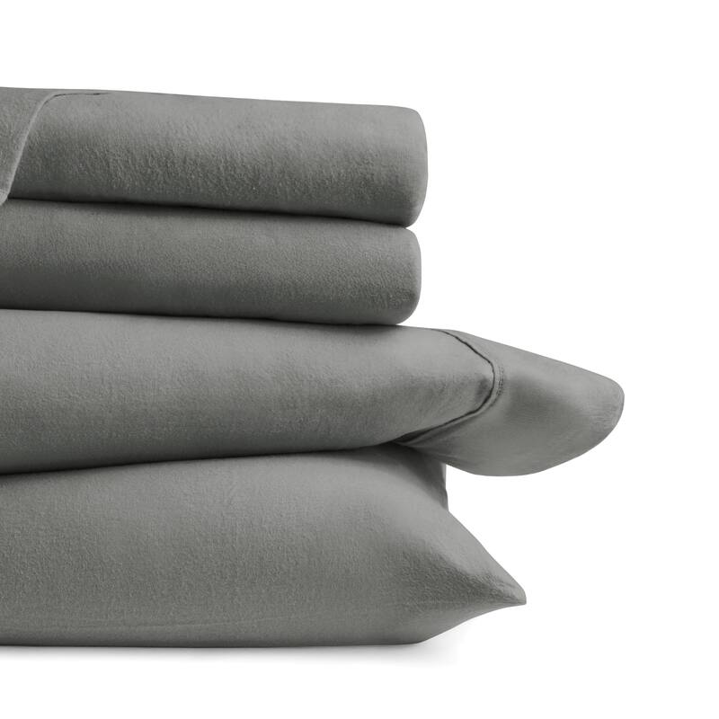 Becky Cameron 4 Piece Solid Cotton Brushed Flannel Deep Pocket Sheet Set - King - Gray