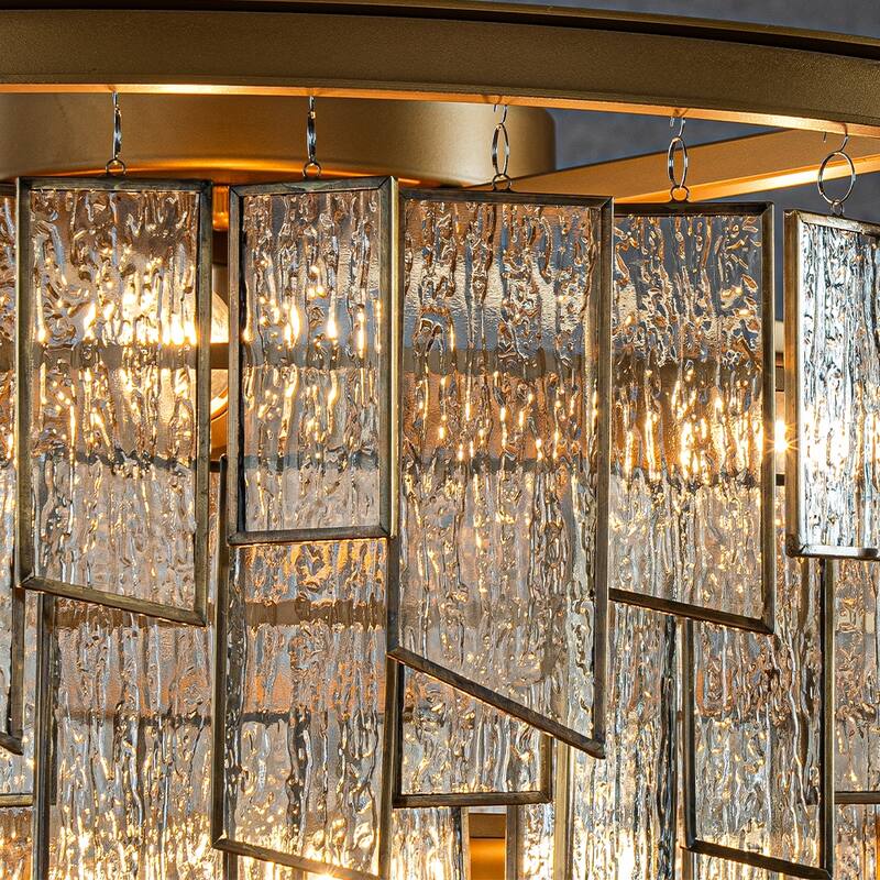 6-Light Luxury Water Ripple Glass Flush Mount Modern Brass Frame Lighting Fixture for Dining Room Living Room and Kitchen Island