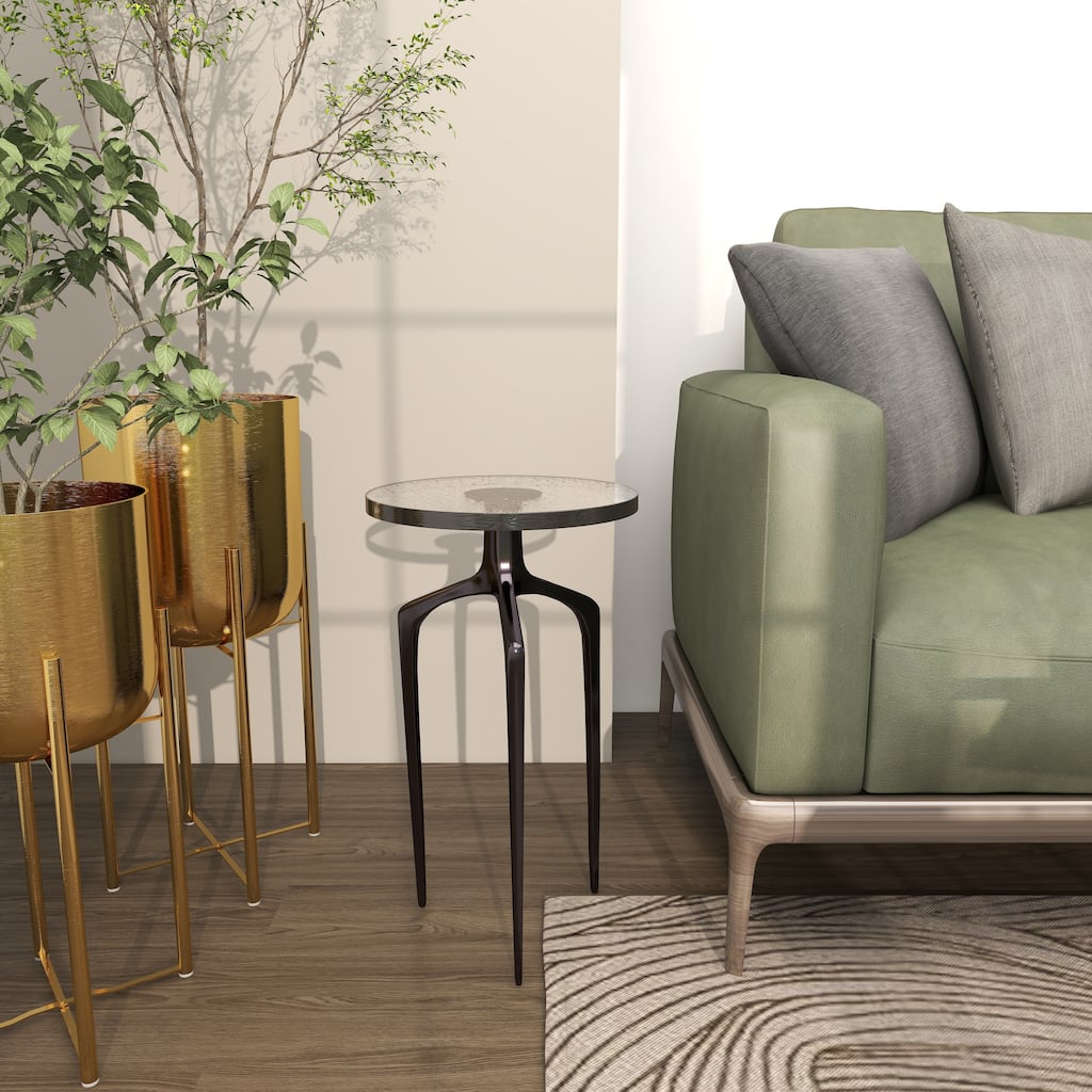 Black Aluminum Metal Accent Table with Textured Glass Tabletop