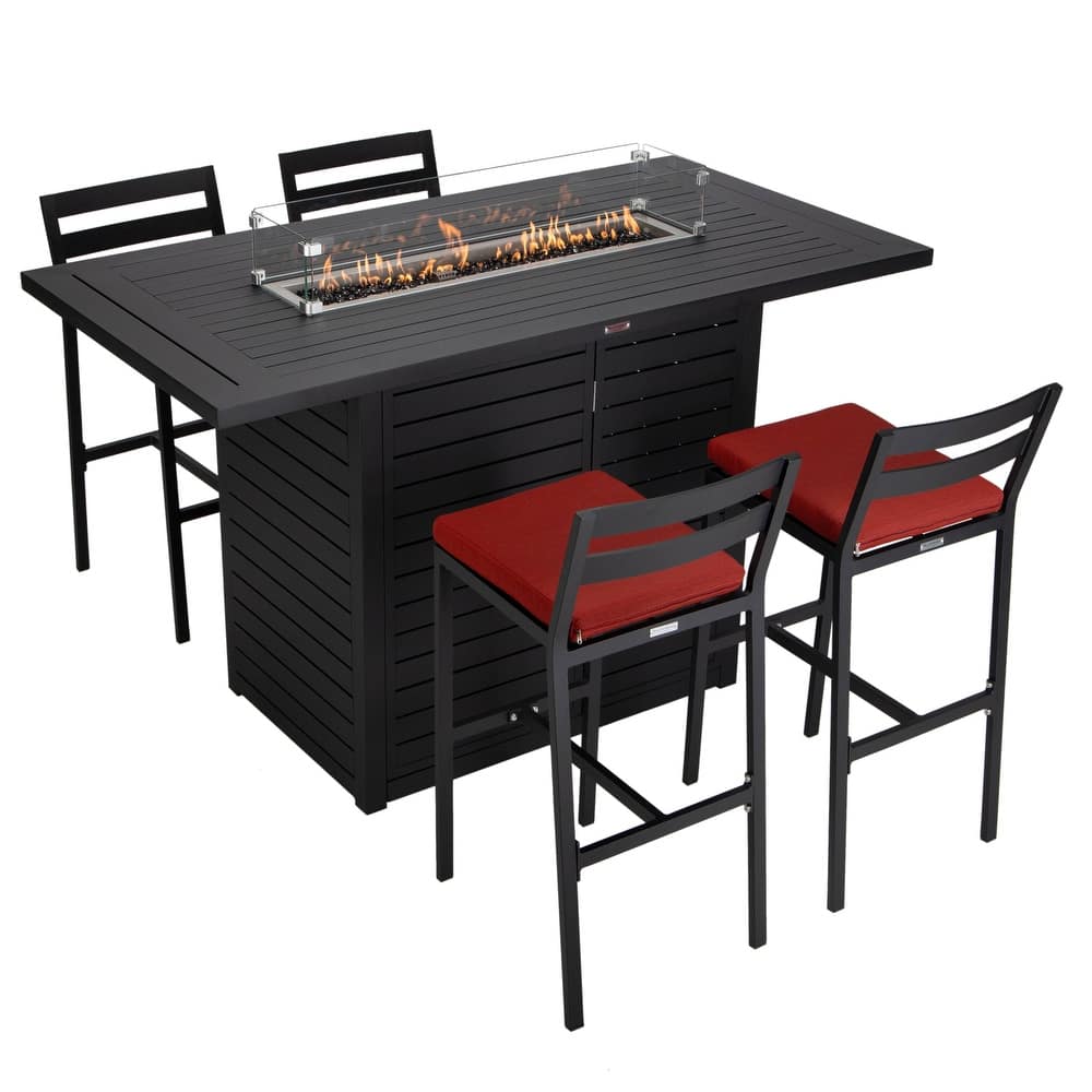 Leisuremod Modern 5-Piece Outdoor Patio Dining Bar Set Aluminum Rectangular Fire Pit Table and 4 Barstool