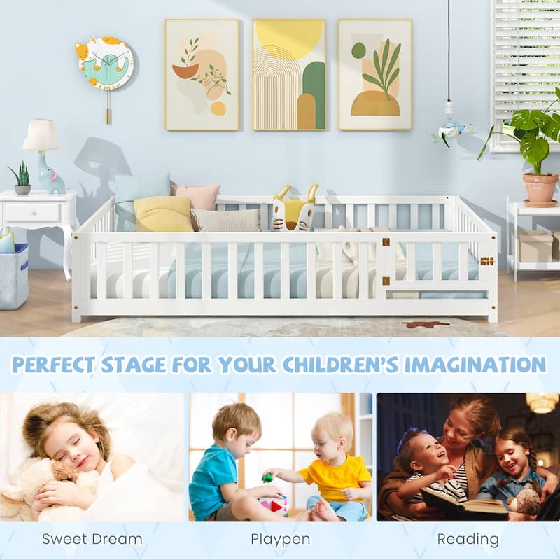 Montessori Floor Bed Frame with Full-length Guardrails Safety Door and Plywood Slats