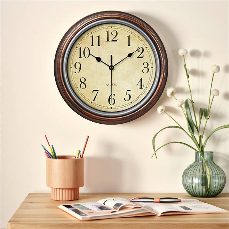 Wall Clocks, Battery Operated Silent Non-Ticking Wall Clock Rustic Style Decorative for Kitchen Living Room Home Office 12 Inch - Brown