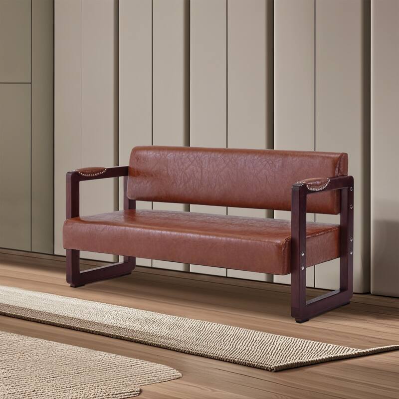 BarberPub Upholstered Waiting Room Chairs, Bench with Backrest, Faux Leather Armed Bench - 23"D x 61.2"W x 29.9"H - Brown