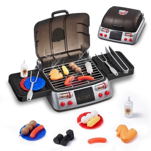 slide 2 of 7, Kids BBQ Grill Toy Set with Pretend Smoke Sound Light, Interactive Toddler BBQ Camping Cooking Barbecue Playset Kids