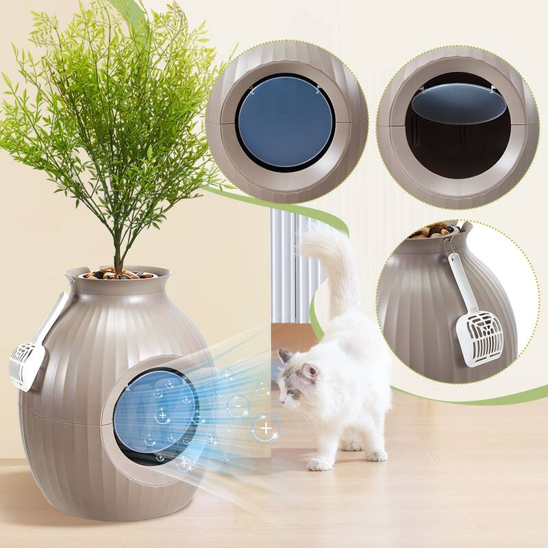 EROMMY Hidden Cat Litter Box Enclosure with Artificial Plants, Plasma Sterilization System