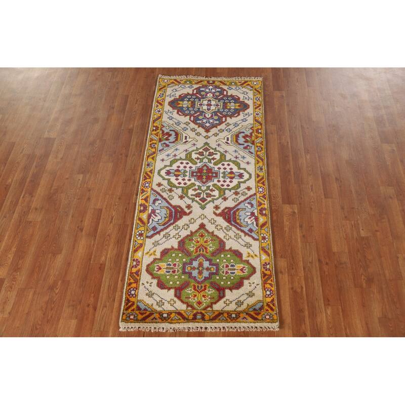 Geometric Beige Kazak Indian Rug Handmade Wool Carpet - 2'7"x 6'0"