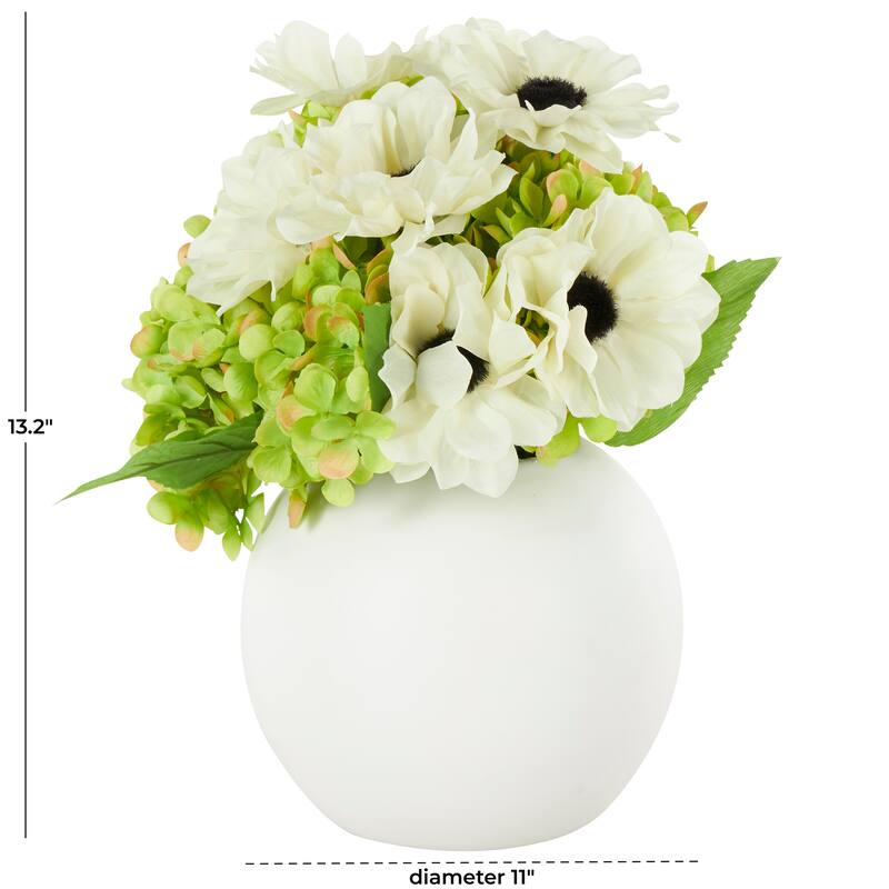 Fabric Artificial Flower with Green Leaves and Round Ceramic Vase - White - Roche River Decor