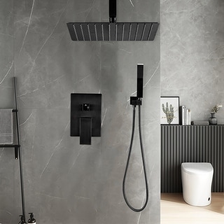 NPYSVSSS Matte Black Rainfall Shower System – 16" Ceiling Mount With Handheld Spray & Pressure Balance Valve - View #5