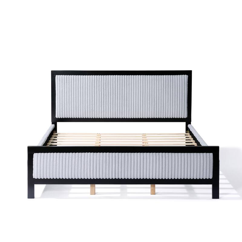 Roomfitters Upholstered Platform Bed Frame with Plush Cloud-Like Headboard and Solid Wood Slats, Grey and Black