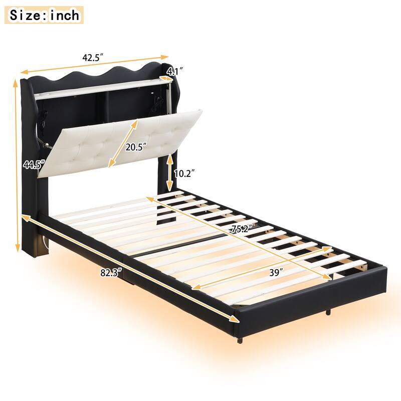 Twin Upholstered Platform Bed with LED Lights, Storage Headboard & USB Ports