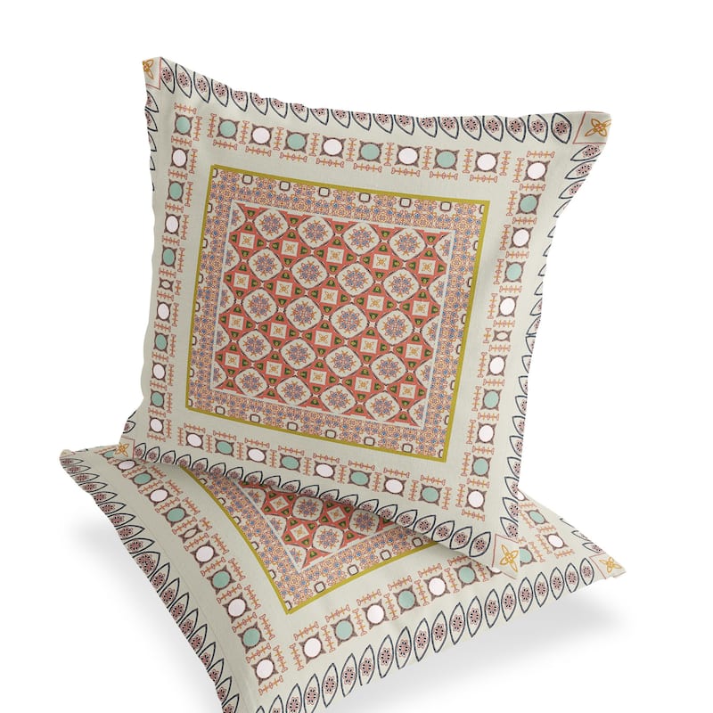 HomeRoots Set of Two 16" X 16" Orange and White Blown Seam Floral Indoor Outdoor Throw Pillow - 16.00' X '16.00' X '5.00