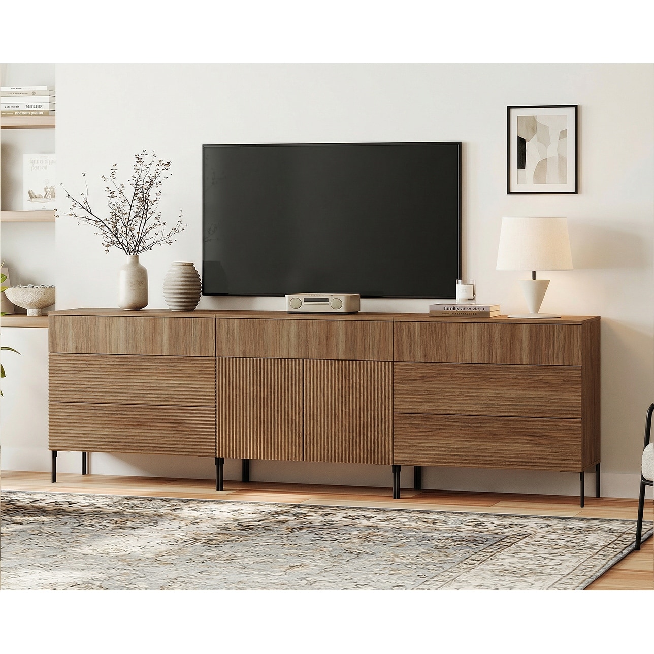 stand up dresser Cambie Carved Wood TV with Drawers Give you enough space to solve your storage problem Modern Reeded Dresser TV Stand