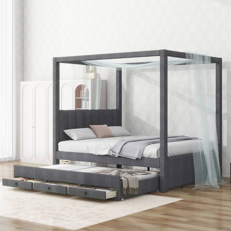 Single Canopy Bed Platform Bed with Upholstered Headboard and Twin Trundle, 3 Drawers, Wood Slat Support No Box Spring Needed - Grey - Full