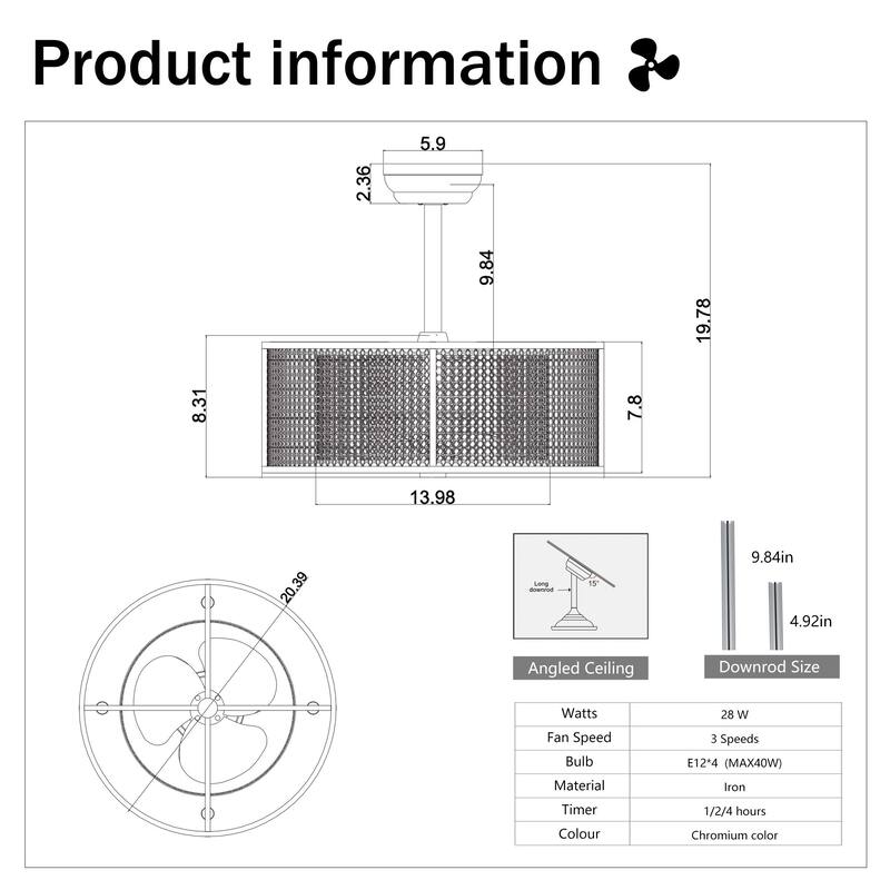 20.4" Caged Ceiling Fan Flush Mount Industrial Vintage Fan Lights with Remote Control - 20.4 in.W x 20.4 in.L x 14.84 in.H