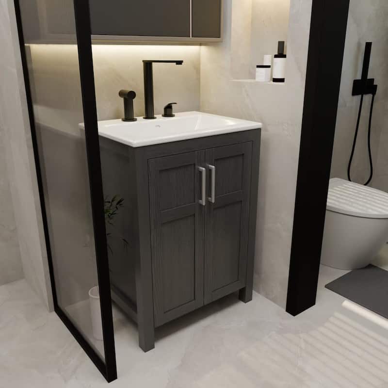 24" Bathroom Vanity with Sink and White Ceramic Sink Faucet & Pop Up Drain Set