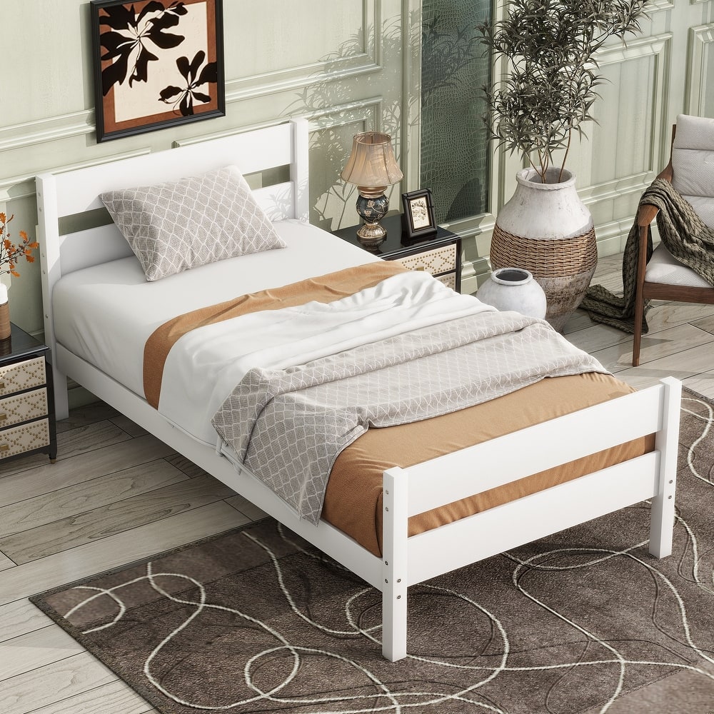 Twin Size Bed with Headboard and Footboard Rustic Minimalist Low Profile Platform Bed with Storage Underneath, Wood Slat Support