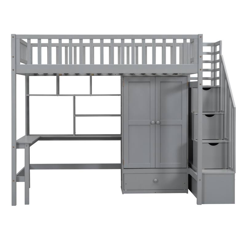 Gray Twin Size Loft Bed with Storage Stairs, Desk and Wardrobe, Stairway High LoftBed with Bookshelf & Drawers, Wooden Bedframe
