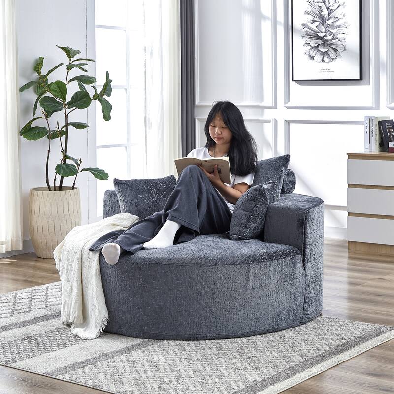 Grey Round Chenille Single Sleeper Sofa with Backrest Pillow