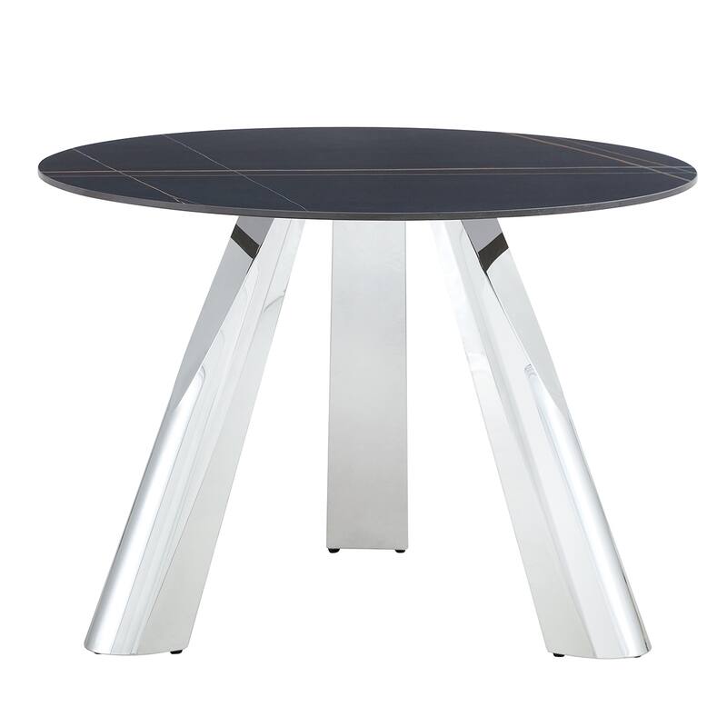 Sintered Stone Dining Table and Chair Set Mirror-polished Stainless Steel Base 4 White PU Chairs Round Dining Table