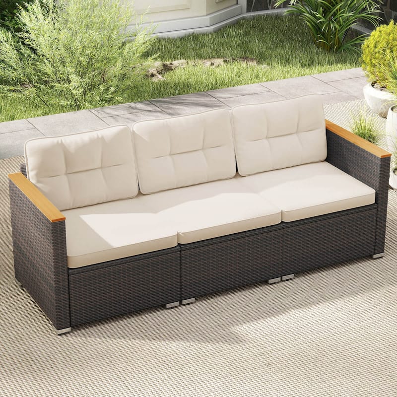 Costway 3-Seat Patio Couch Sofa PE Rattan Wicker Outdoor Loveseat - See Details - Mix Brown+Off White