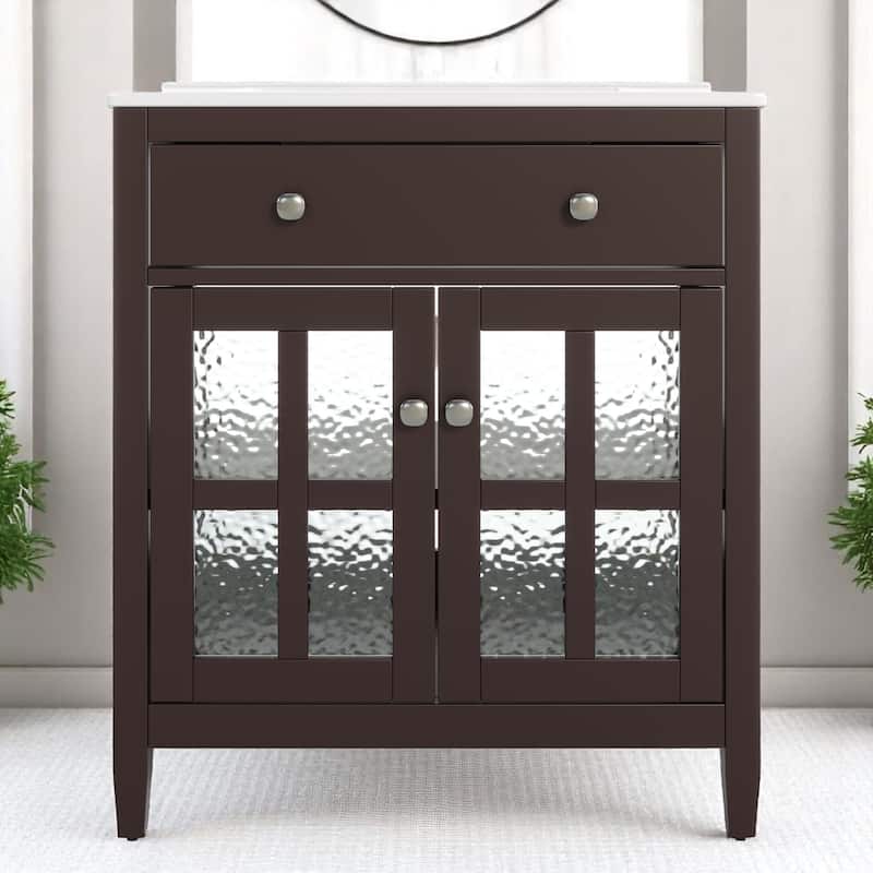 30" Bathroom Vanity with Ceramic Sink, Solid Wood Tapered Legs, Tip-Out Tray & Soft-Close Hinges - Dark Brown