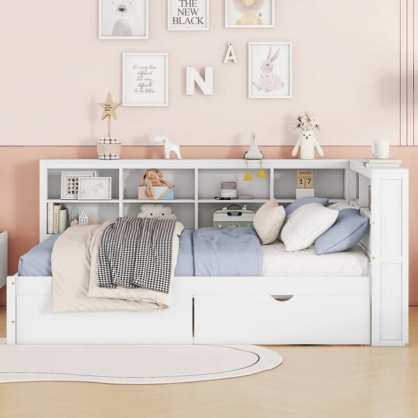slide 2 of 45, USB Ports on L-Shape Storage Headboard Bed Frame, Wooden DayBed Sofa Bed, Wooden Slat Platform Bed with 2 Drawers