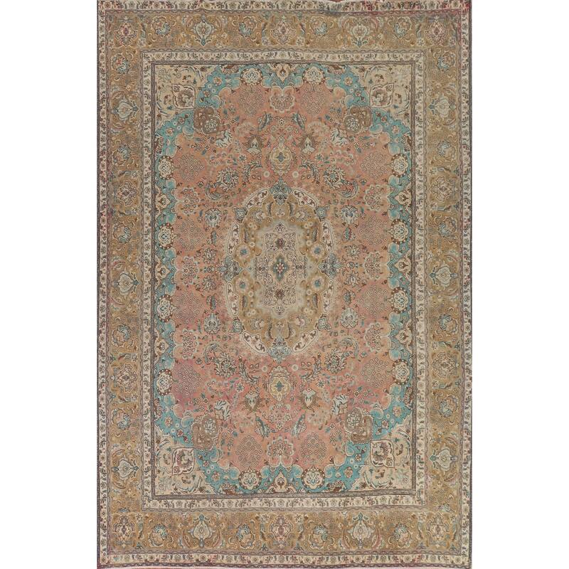 Hand Knotted Oriental 100% Wool Carpet Traditional Floral Pink Tabriz Area Rug - 12' 7'' X 9' 9''