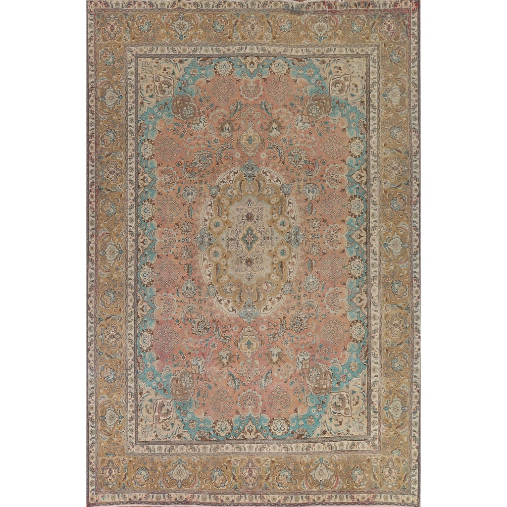 Hand Knotted Oriental 100% Wool Carpet Traditional Floral Pink Tabriz Area Rug - 12' 7'' X 9' 9''