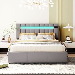 Grey Bed Queen Size with LED Light Bluetooth Player and USB Charging