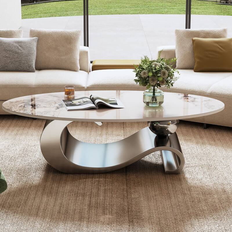 49.2 Inch Imitation Marble Oval Coffee Table Modern Center Table with Stainless Steel Base, for Living Room - White