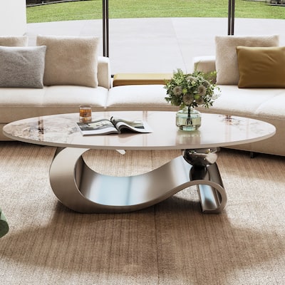 49.2 Inch Imitation Marble Oval Coffee Table Modern Center Table with Stainless Steel Base, for Living Room