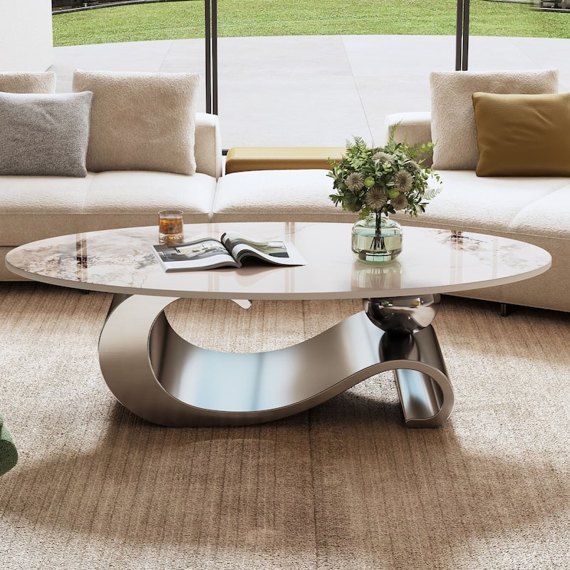 Modern Oval Coffee Table Industrial-Style Center Table with Sintered Stone Top and Base, for Living Room - Grey