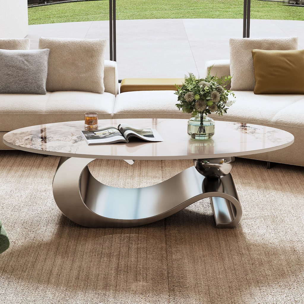 Oval Faux Marble Top Center Coffee Table with Stainless Steel Base