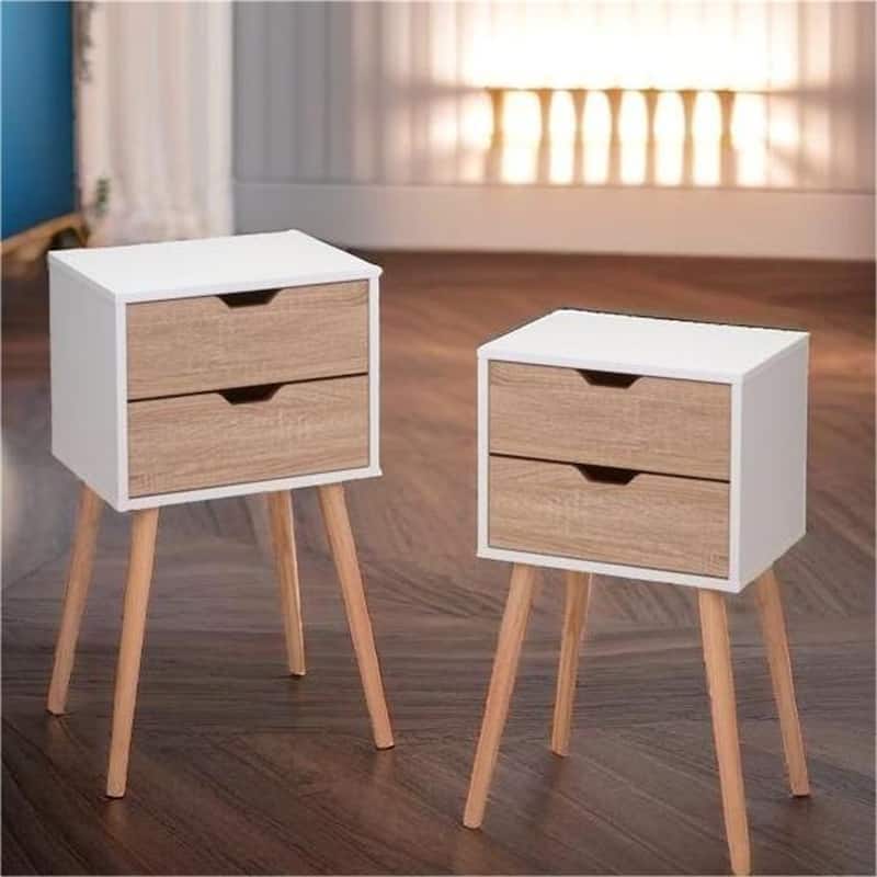 Wood Nightstand with 2 Drawers and Solid Wood Legs