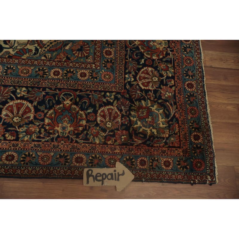 Hand Knotted Oriental 100% Wool Carpet Traditional Floral Navy Blue & Blues Kashan (Dabir) Area Rug - 11' 2'' X 8' 6''