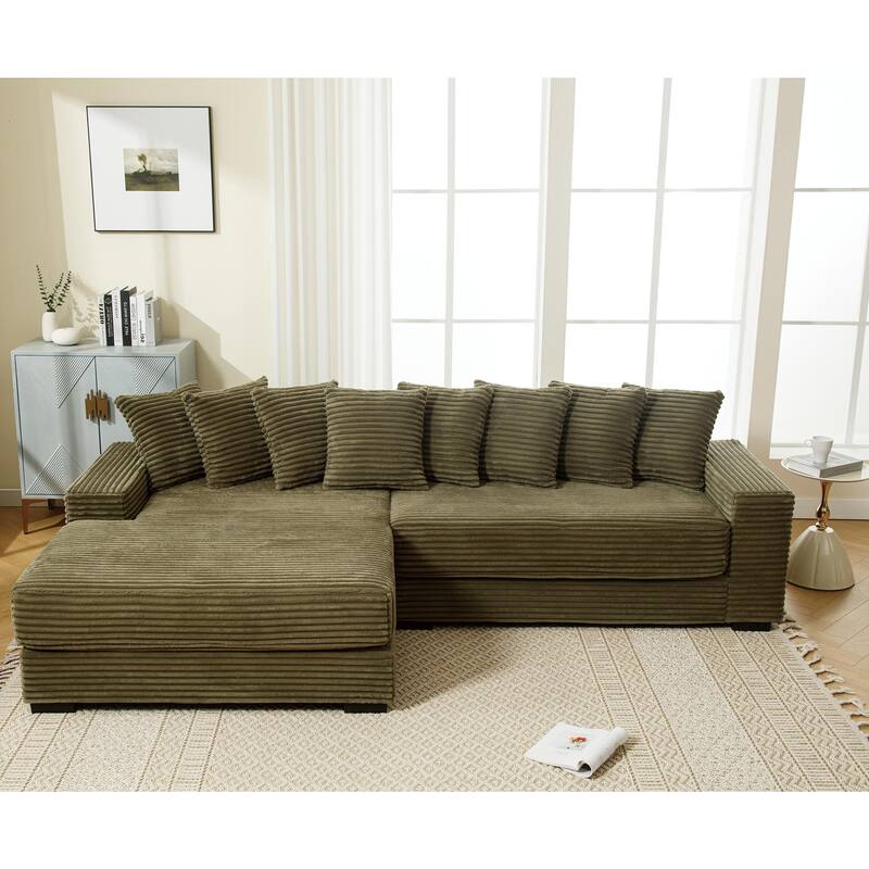L Shaped Sectional Sleeper Sofa Corduroy Corner Sofa with Chaise Lounge and 8 Throw Pillows, Oversized Modular Daybed