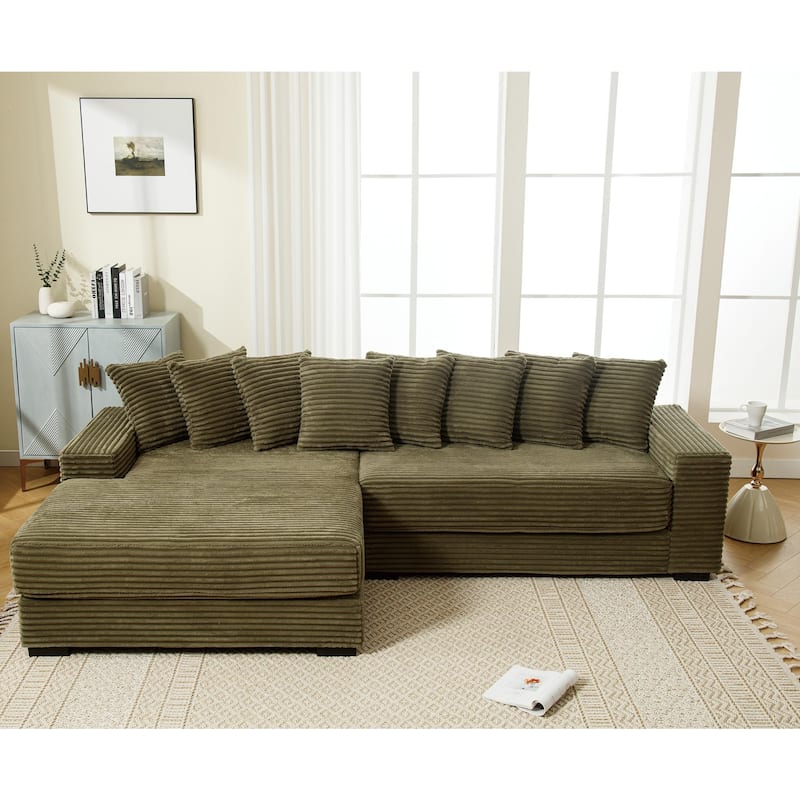 Oversized Corner Couch L-Shaped Corduroy Sofa Set with Left Chaise Daybed, Armrests, and Eight Throw Pillows