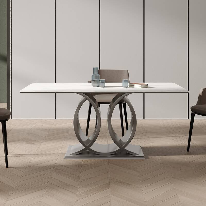 Modern Rectangle Stone Slab Tabletop Stainless Steel Pedestal Dining Table - 4 Seats - White